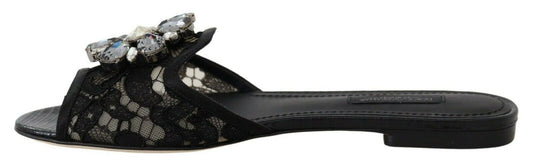 Elegant Black Lace Mules with Jewel Flower Detail