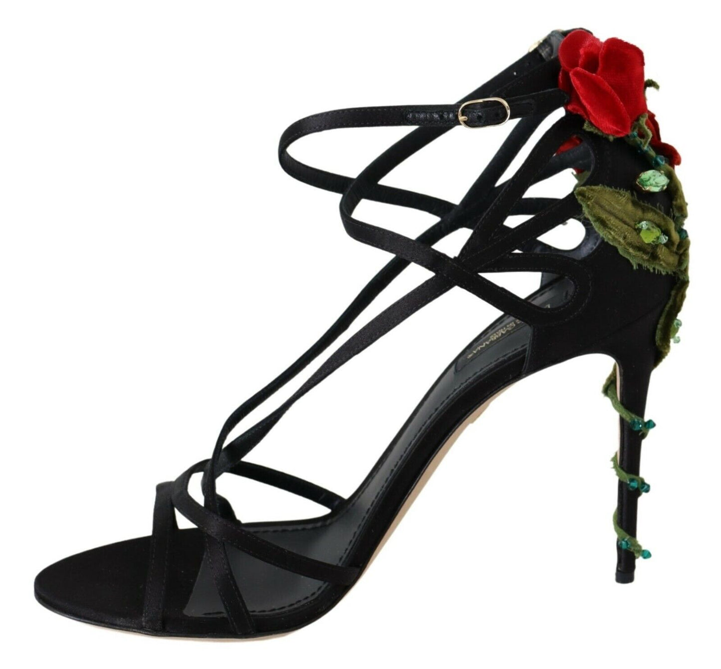 Elegant Black Suede Crystal Floral Heels