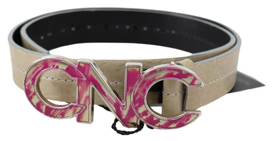 Beige Leather Fashion Belt with Logo Detail