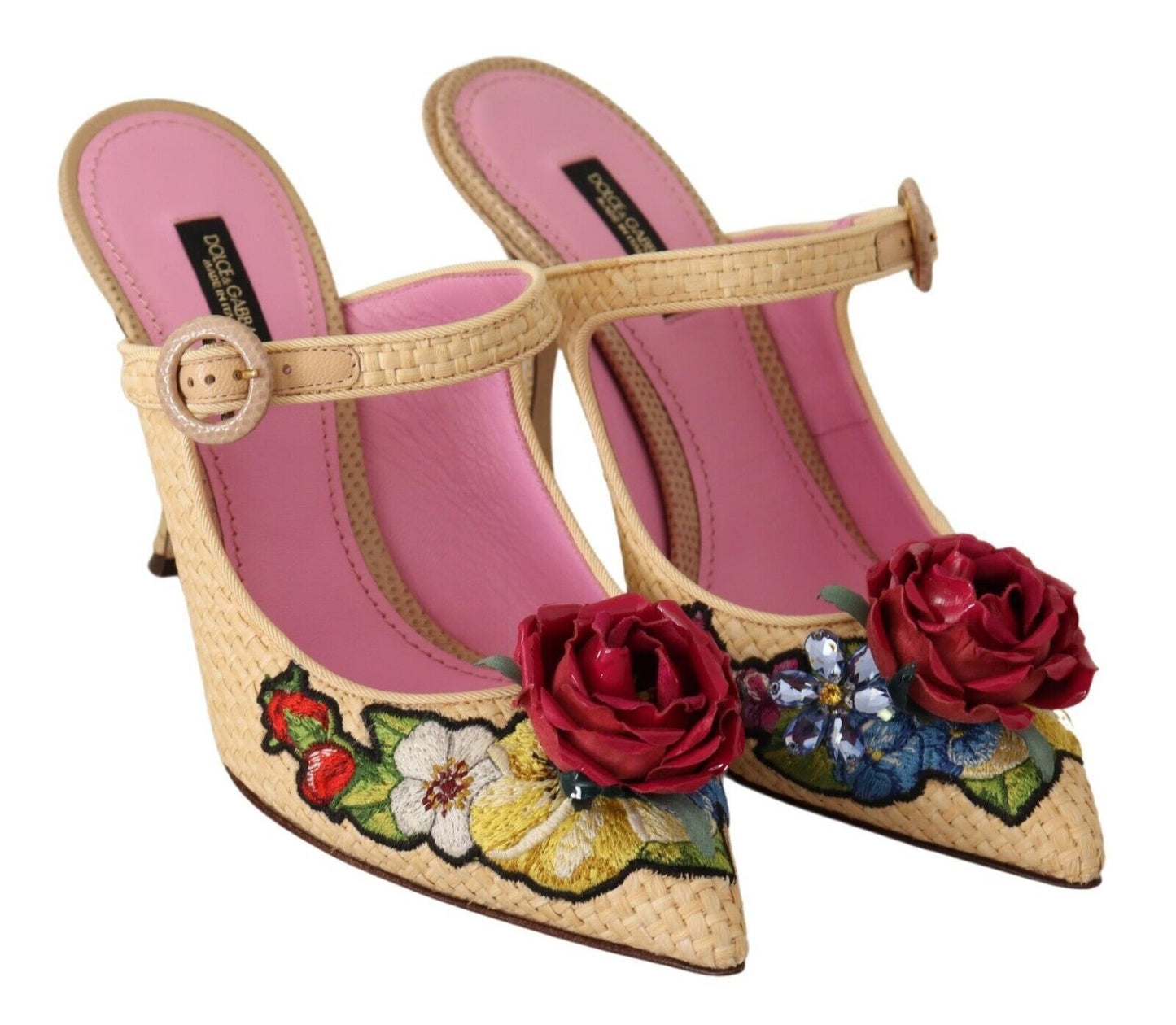 Floral Embellished Heels Sandals in Beige