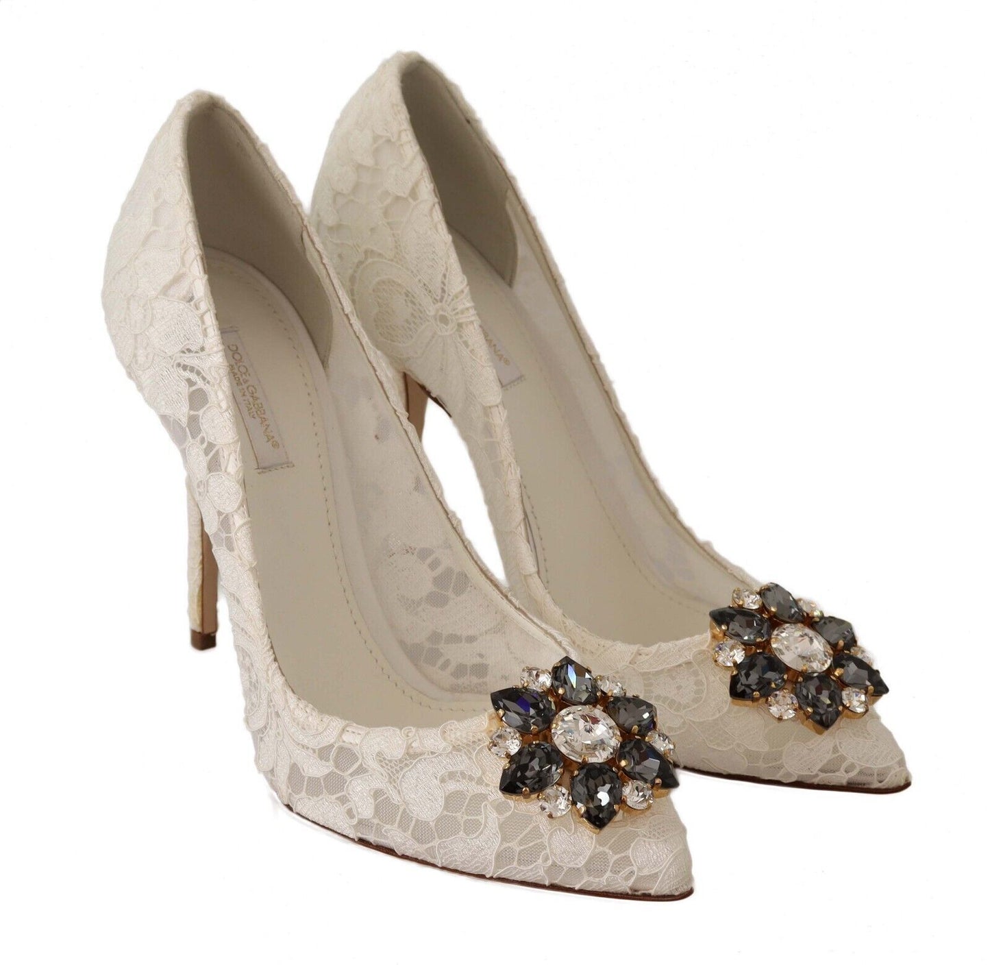 Elegant White Lace Heels with Crystal Embellishments