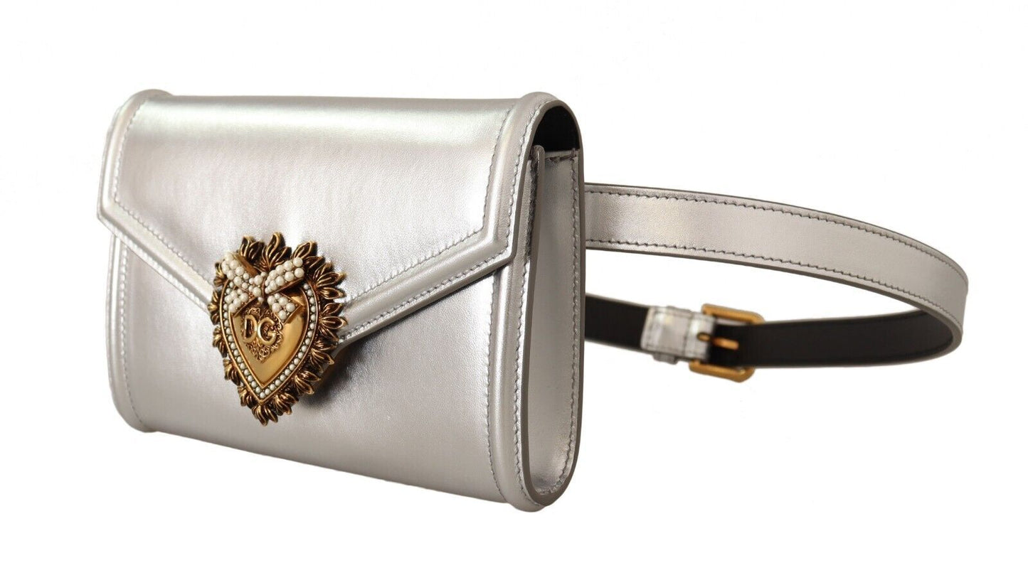 Glamorous Silver Leather Belt Bag with Jeweled Plaque