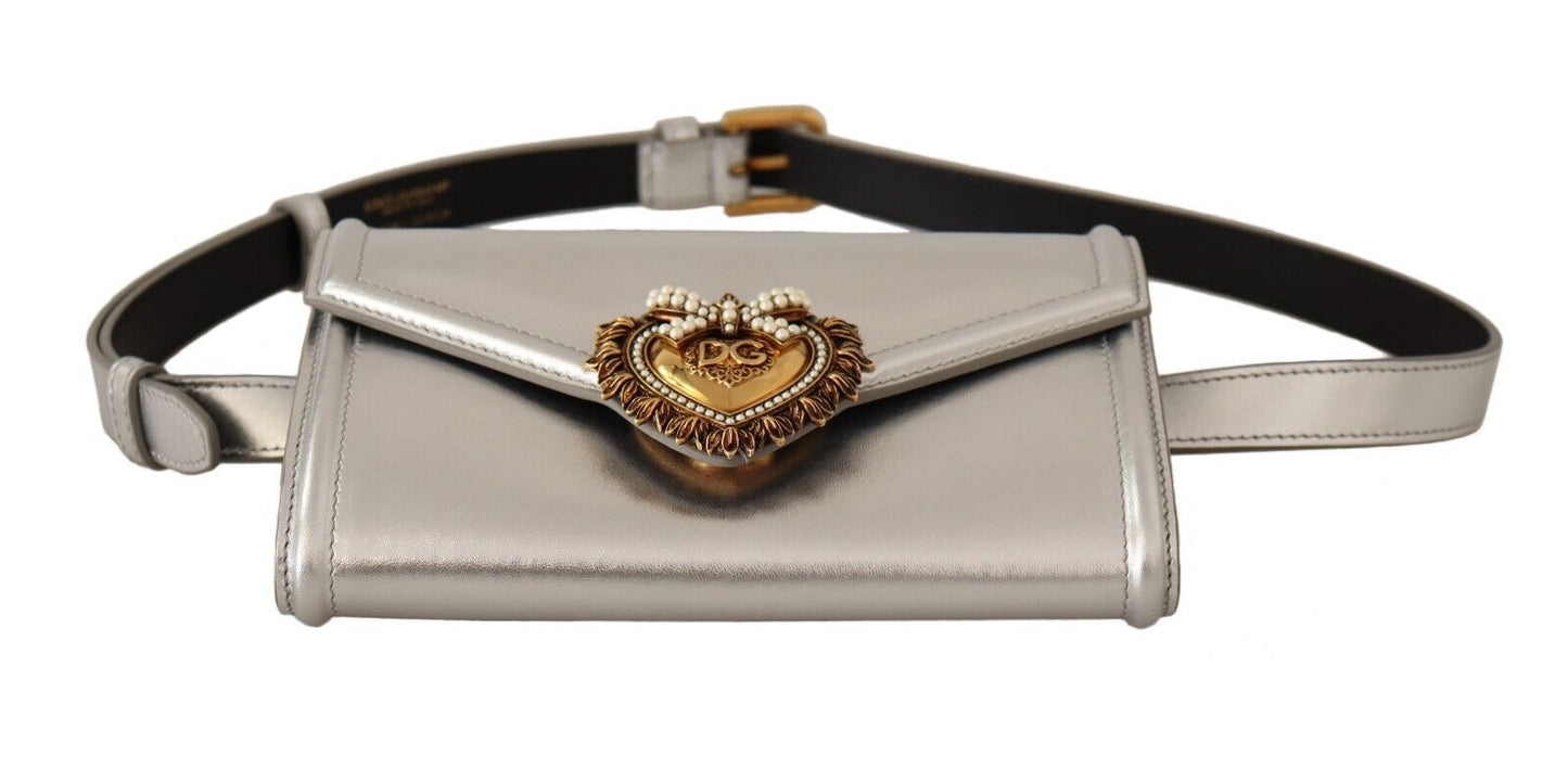 Glamorous Silver Leather Belt Bag with Jeweled Plaque