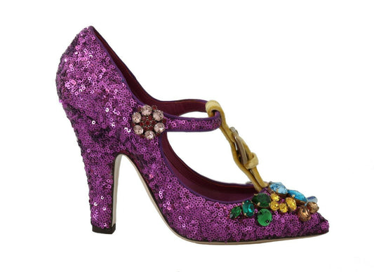 Elegant Purple Sequined T-Strap Heels