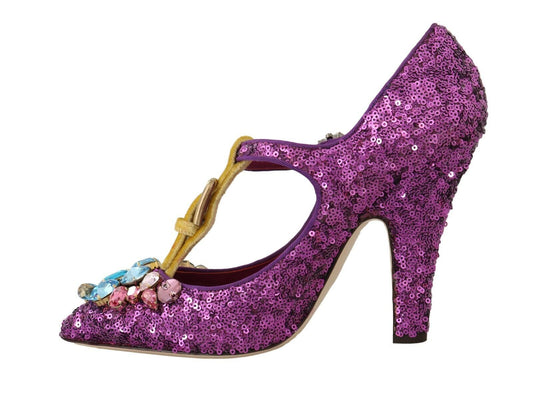 Elegant Purple Sequined T-Strap Heels