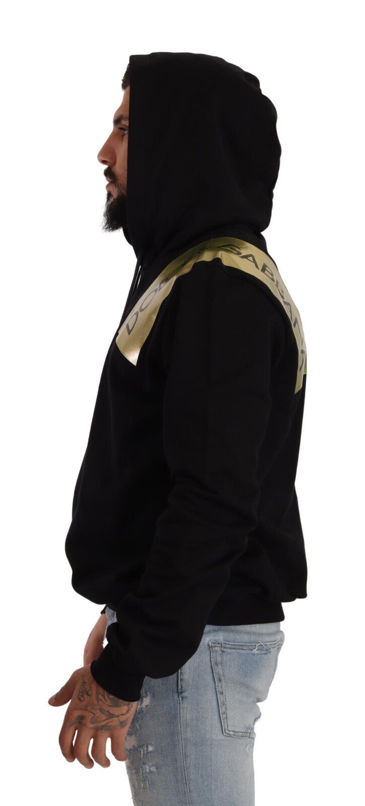 Elegant Black Hooded Pullover with Gold Logo