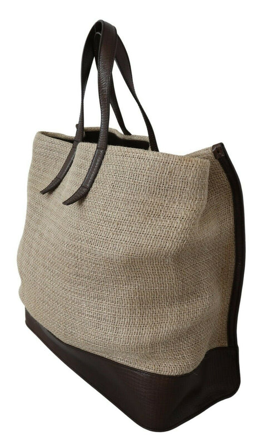 Beige Brown Leather Hand Tote Shopping Bag