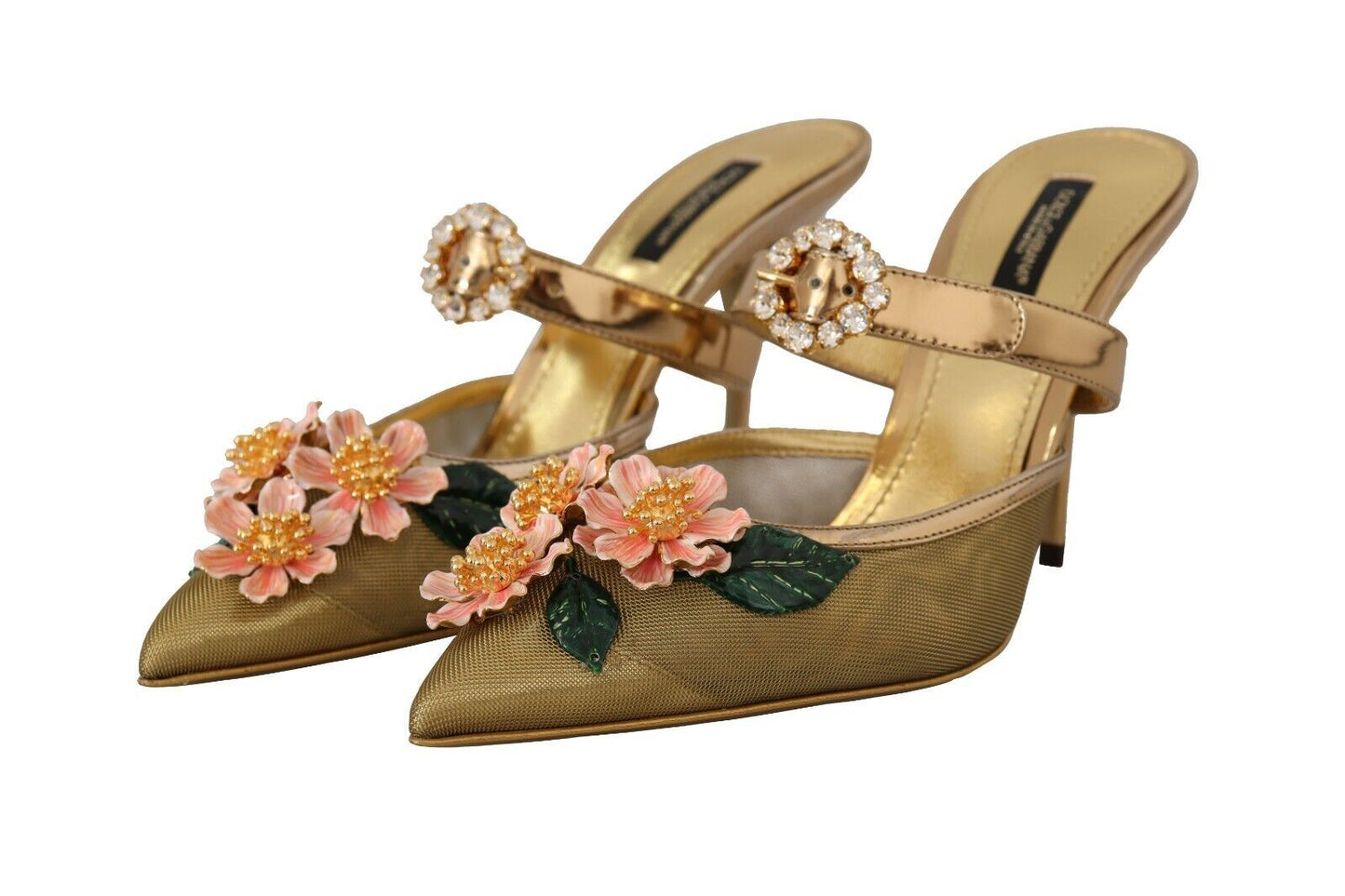 Floral Embellished Gold Leather Heels