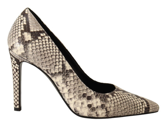 Chic Gray Snake Print Leather Heels