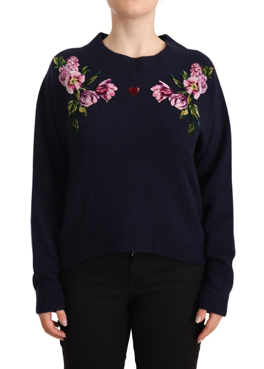 Floral Embroidered Blue Cashmere Sweater