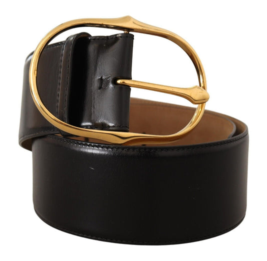Elegant Black Leather Belt with Gold Oval Buckle