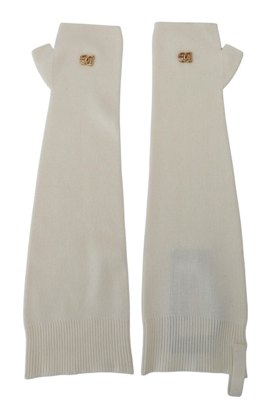 White Fingerless Elbow Length Wool Knit Gloves