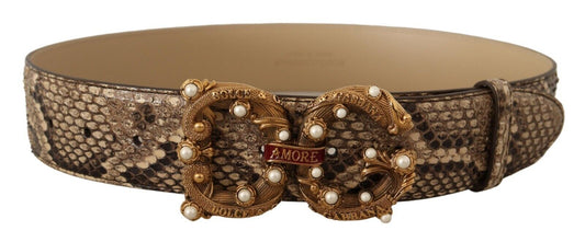 Elegant Beige Python & Leather Belt with Pearl Accents