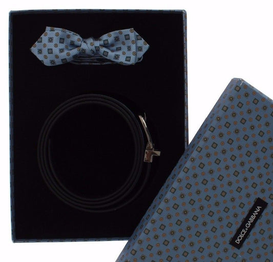 Exquisite Blue Baroque Silk Tie & Leather Belt Set