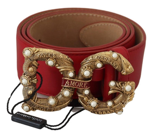 Red Leather Gold AMORE Logo Buckle Belt