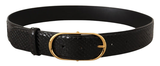 Chic Black Python Leather Belt with Gold Buckle