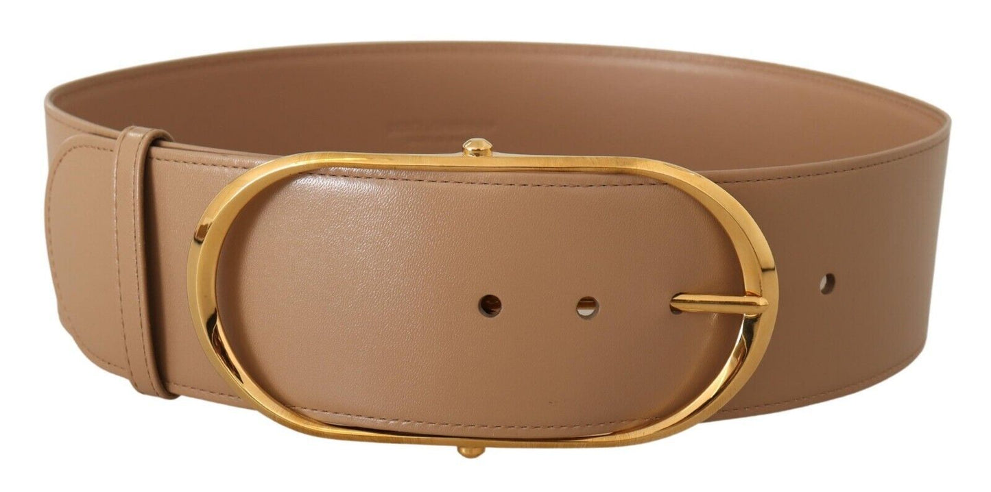 Elegant Beige Leather Belt with Gold Oval Buckle