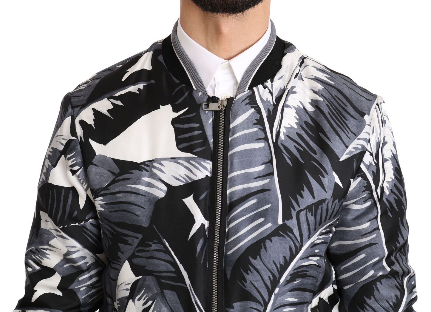 Elegant Banana Leaf Print Silk Bomber Jacket