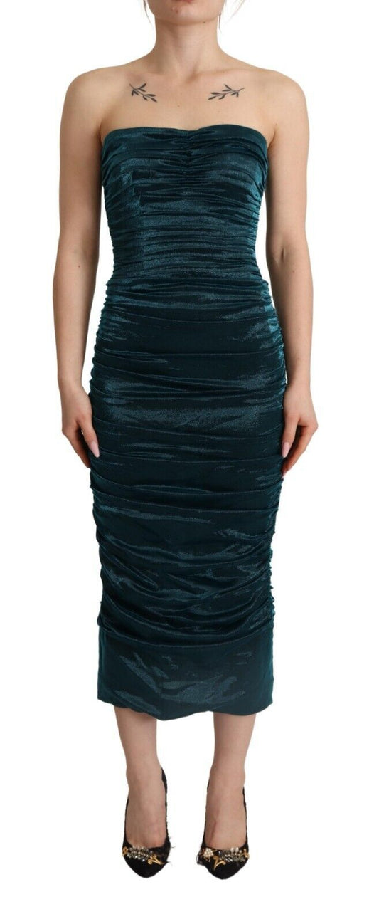 Turquoise Draped Satin Midi Dress