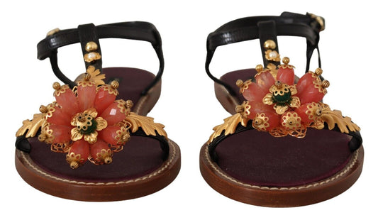 Embroidered Flat Leather Sandals
