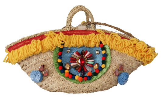 Multicolor Crystal Embellished Straw Tote