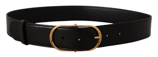 Elegant Black Leather Belt with Gold Oval Buckle