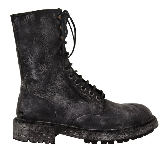 Exclusive Leather Combat Boots in Black & Grey