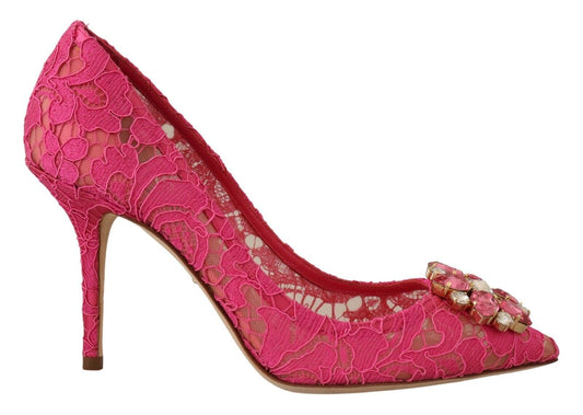 Crystal-Embellished Lace Heels in Pink