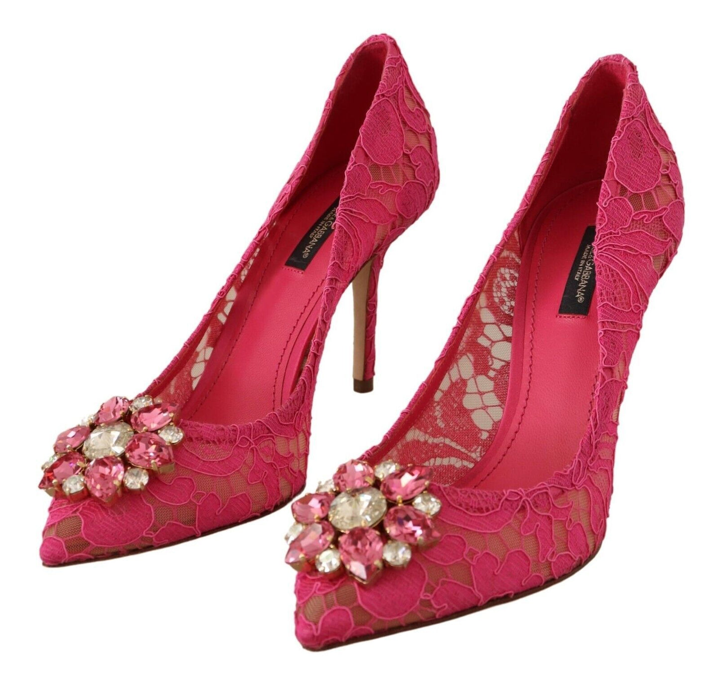 Crystal-Embellished Lace Heels in Pink