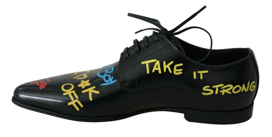 Exclusive Handpainted Black Leather Derby Shoes