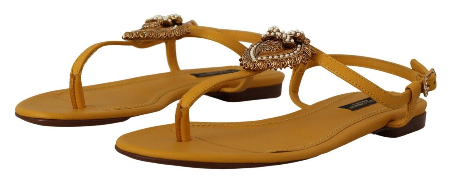 Mustard T-Strap Flat Sandals with Heart Embellishment