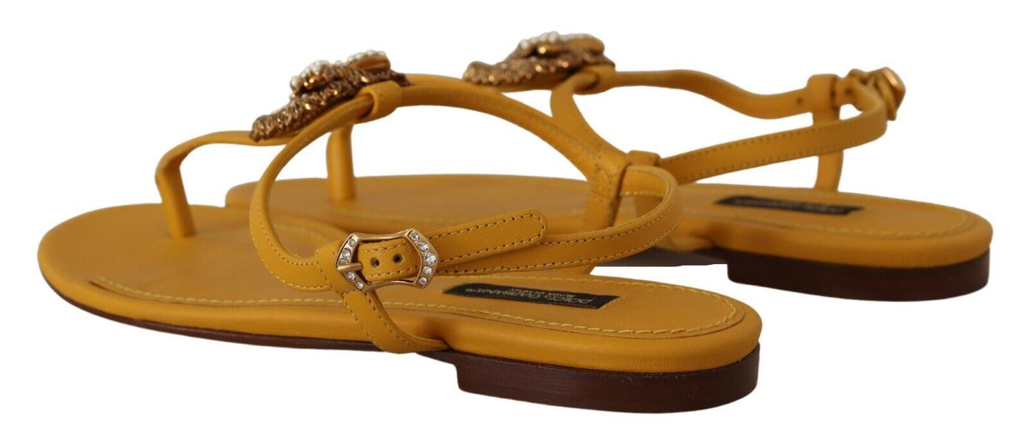 Mustard T-Strap Flat Sandals with Heart Embellishment