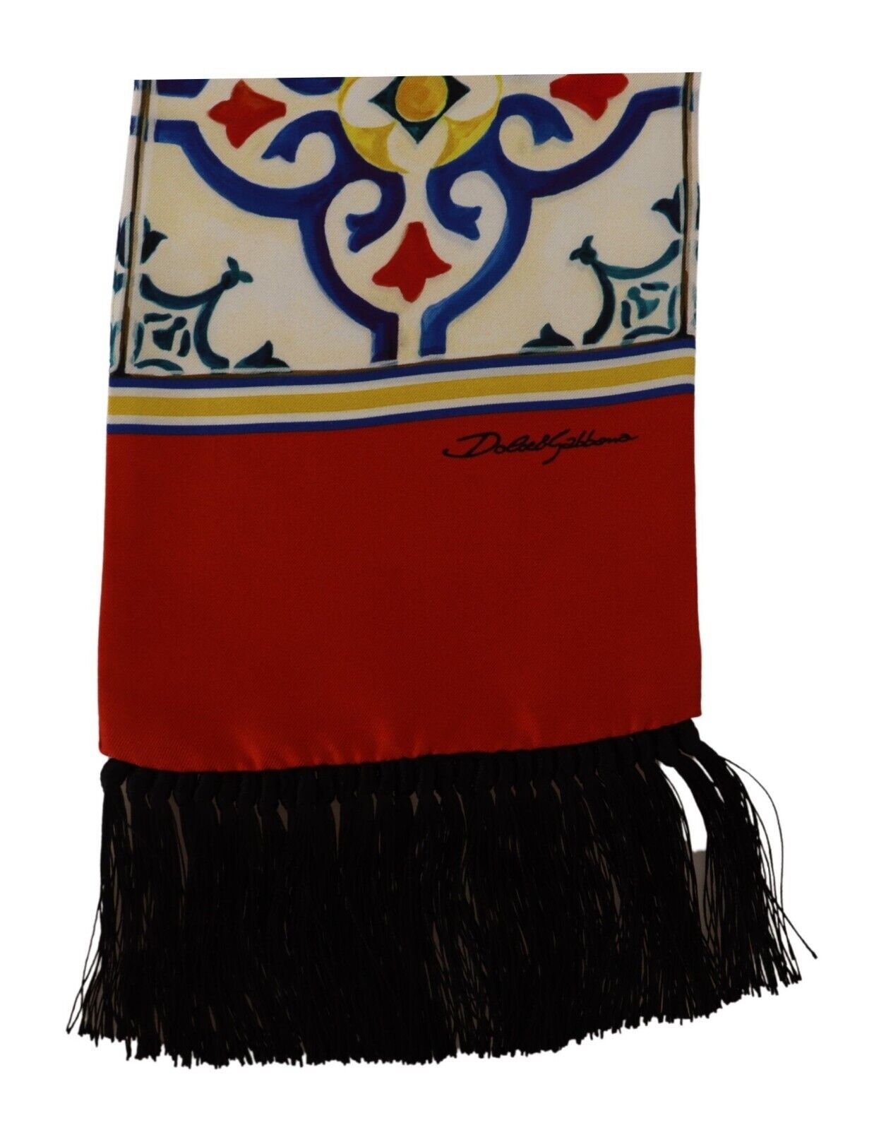 Silk Scarf with Majolica Print and Fringes