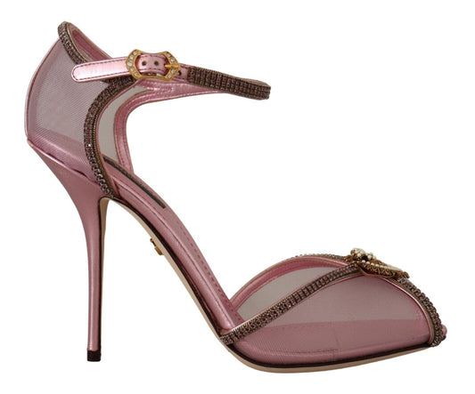 Elegant Pink Crystal Mesh Heels Sandals