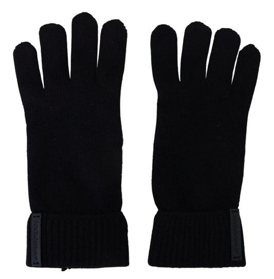 Black Virgin Wool Knit Hands Mitten Mens Gloves