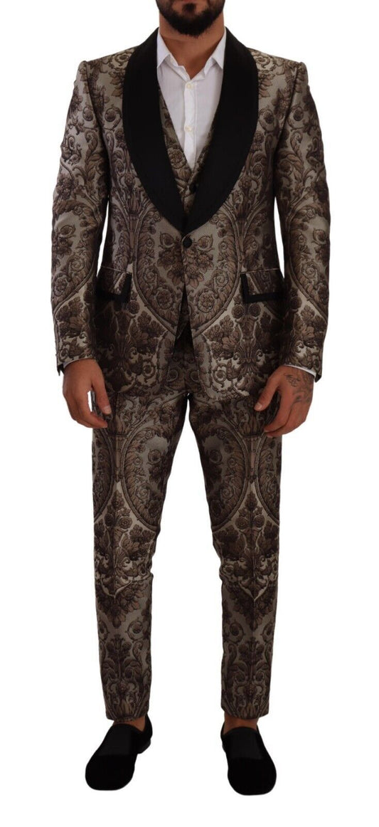 Elegant Brown Gray Jacquard Men's Suit