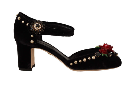 Black Crystal Rose Heel Sandals