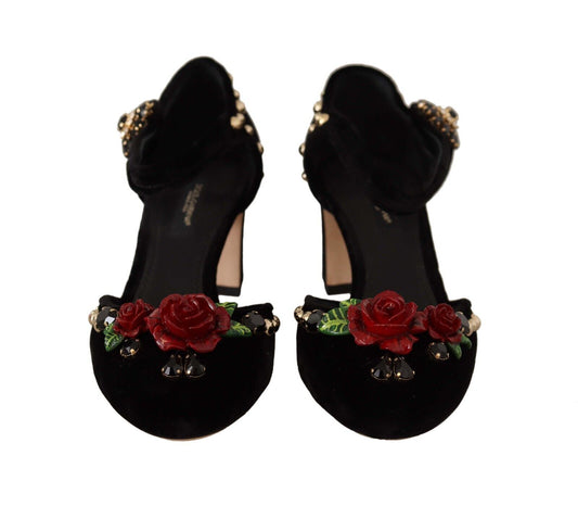 Black Crystal Rose Heel Sandals