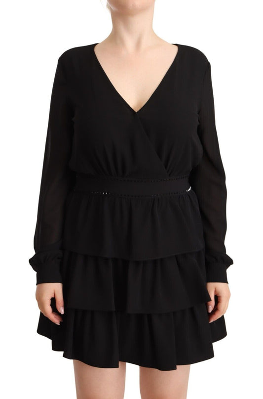 Black Polyester Long Sleeves V-neck Mini A-line Dress