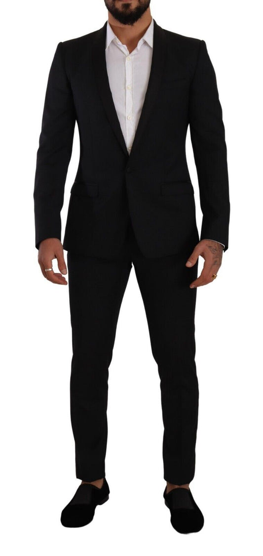 Elegant Black Patterned Wool-Silk Suit