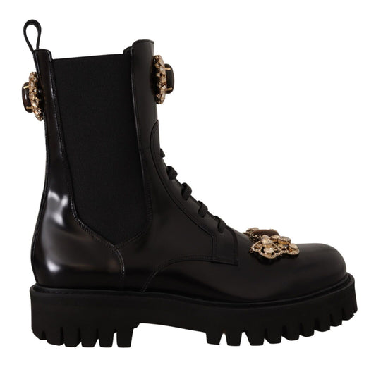 Crystal-Embellished Mid-Calf Combat Boots