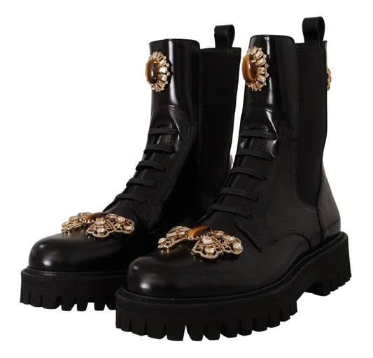 Crystal-Embellished Mid-Calf Combat Boots