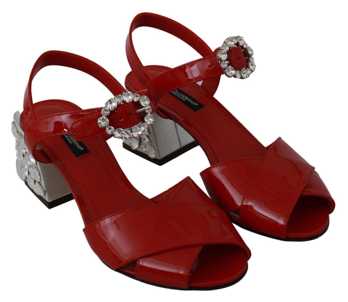 Red Leather Crystal Heels Sandals