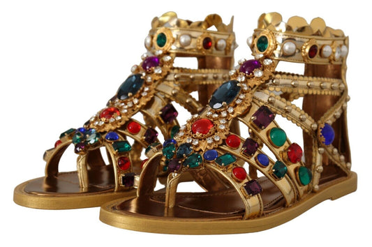 Elegant Gold Crystal-Embellished Flat Sandals