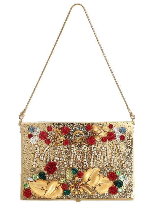 Elegant Gold Evening Box Clutch with Red Roses
