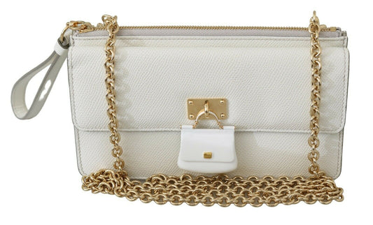 Elegant White Leather Phone Bag with Gold Chain