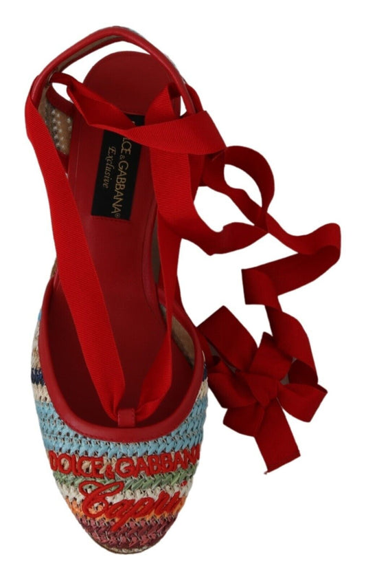Multicolor Raffia Wedge Heels Sandals