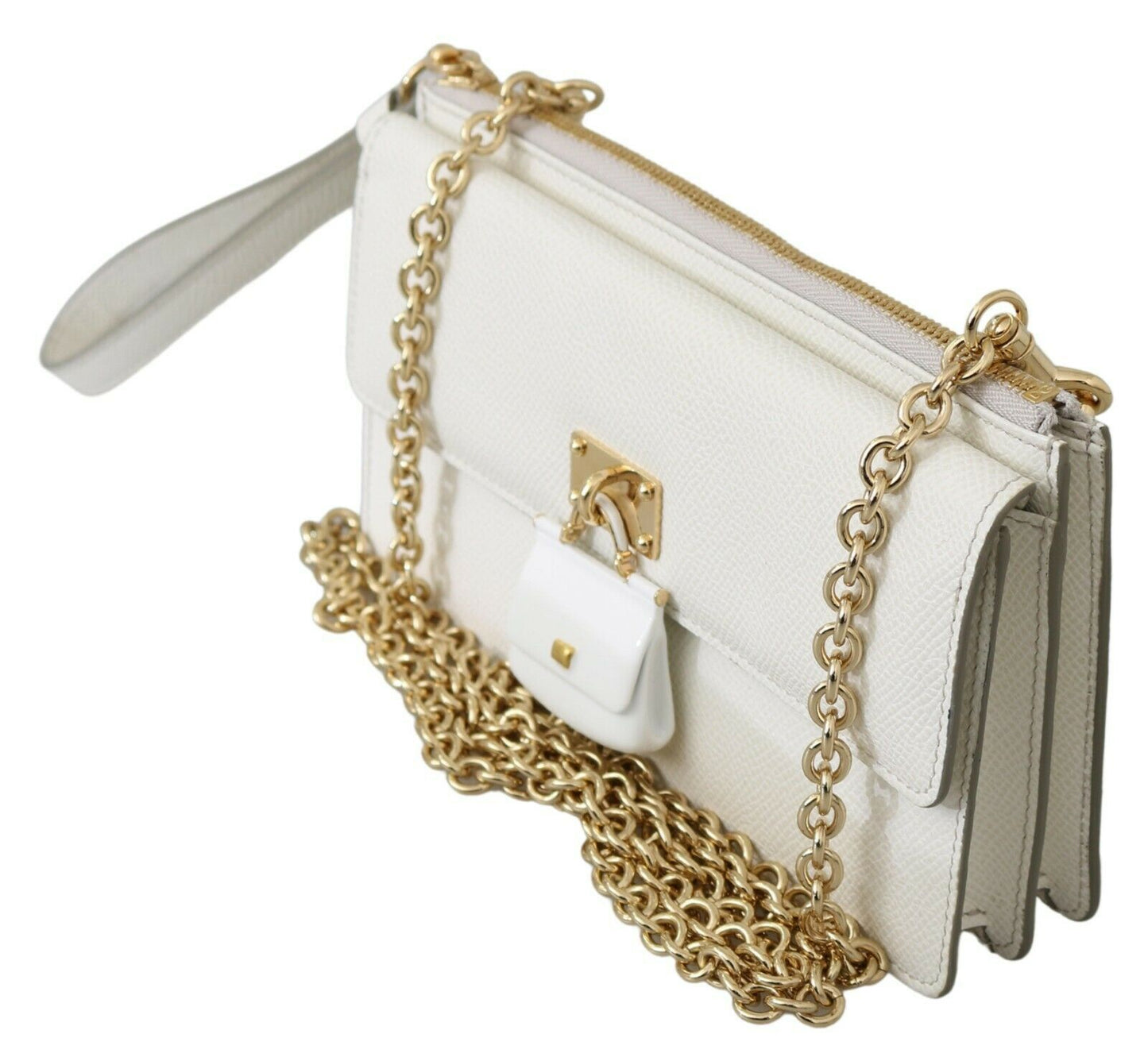 Elegant White Leather Phone Bag with Gold Chain