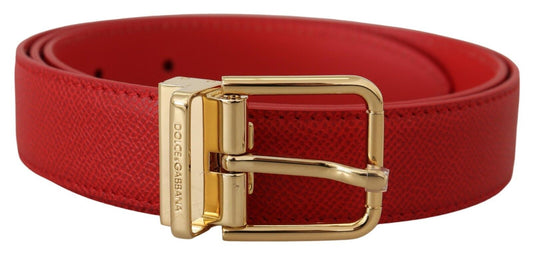 Exquisite Red Leather Belt with Gold-Tone Buckle