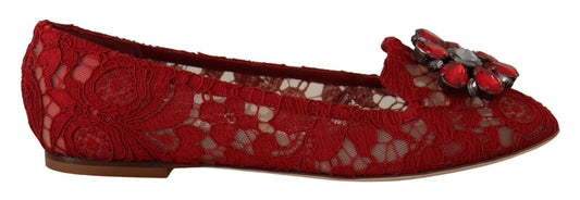 Radiant Red Lace Ballet Flats with Crystal Buckle